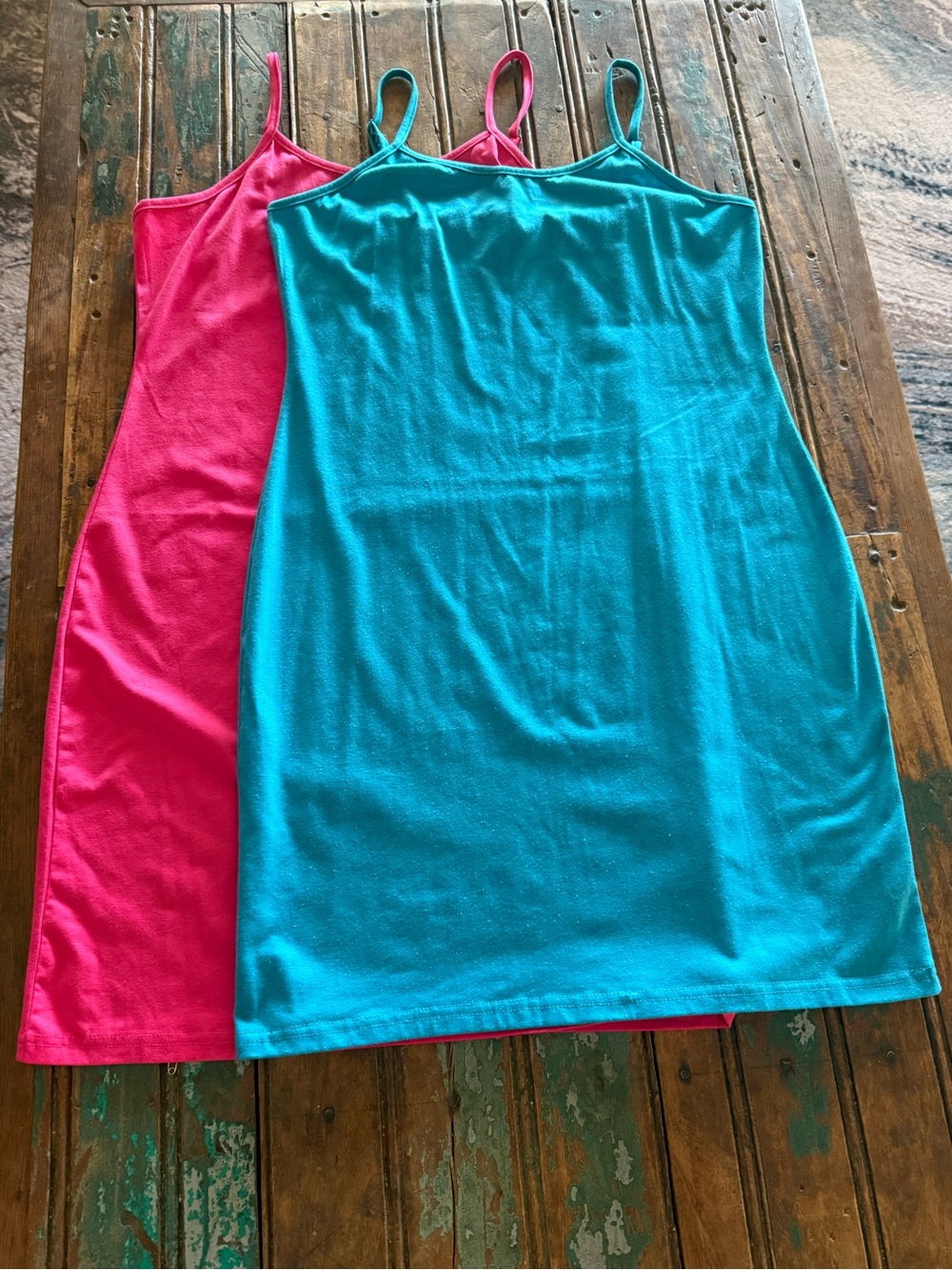 L&B Bright Pink Slip Dress with Black Label & Bright Blue Slip Dress
